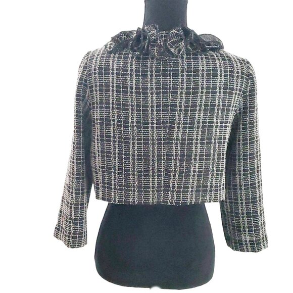 Karin Stevens Black White Checked Pattern Ruffled Jacket Size 4P - Picture 4 of 8